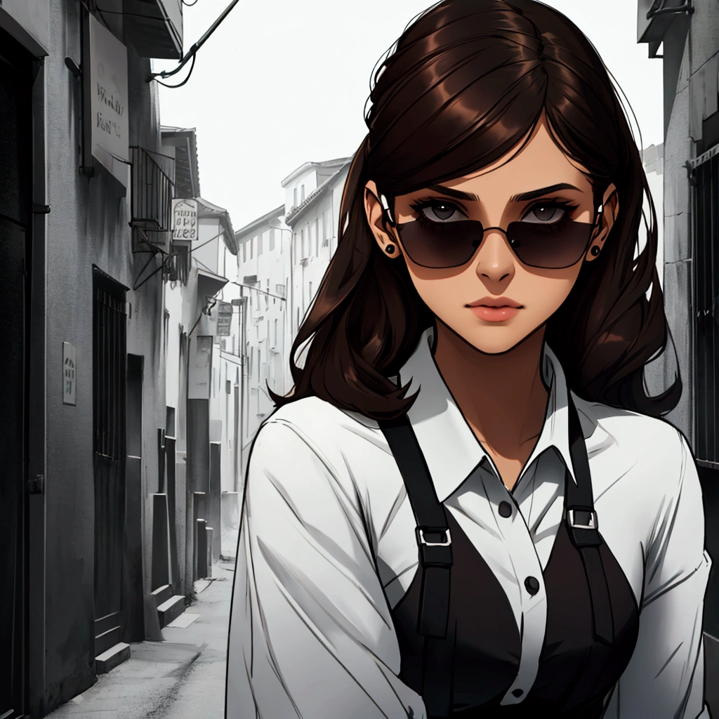Young woman with dark brown hair, to wear black sunglasses
