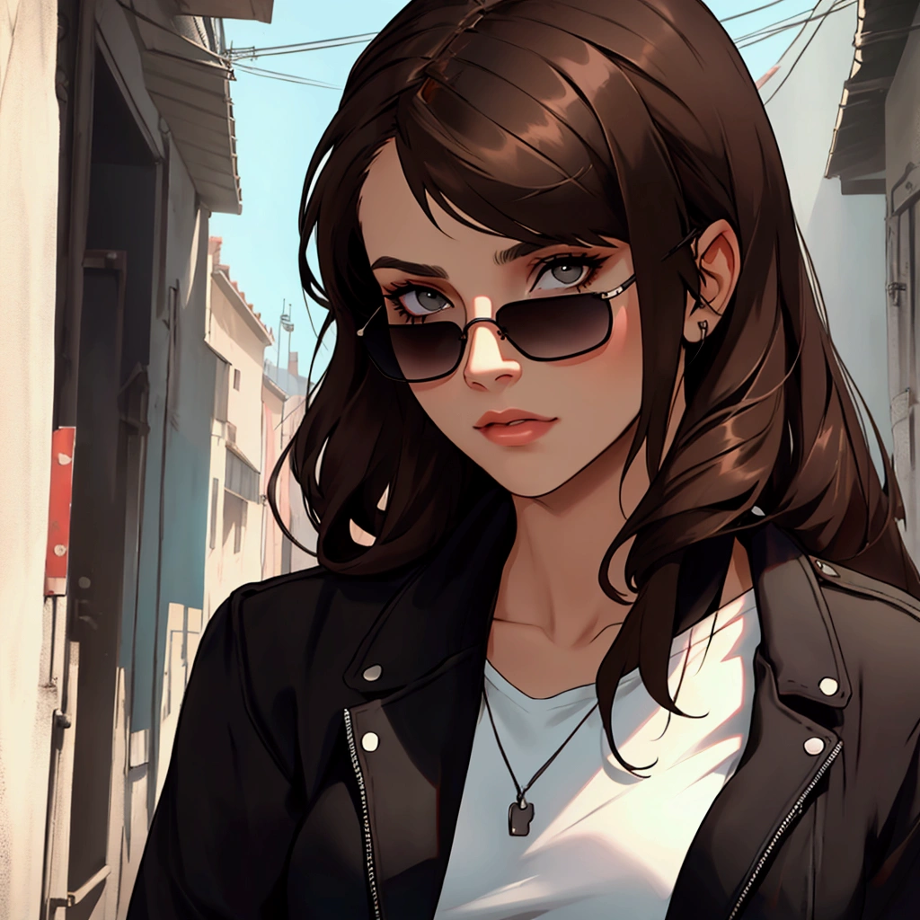 Young woman with dark brown hair, to wear black sunglasses