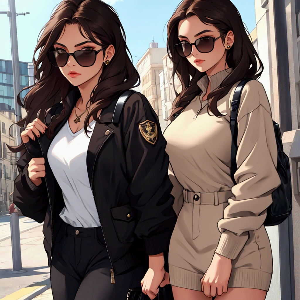 Young woman with dark brown hair, to wear black sunglasses