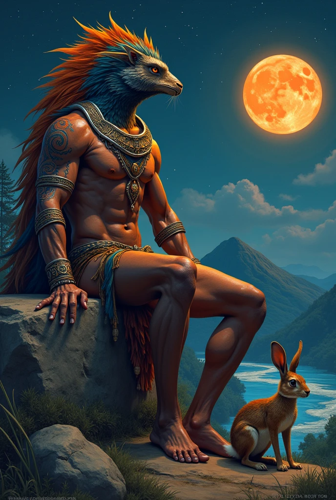 Make the god Quetzalcoatl a human with a crest covering his eyes and with orange and blue feathers., Also, he has a short beard , her brown skin, with a muscular body and an Aztec bracelet on each arm resting on a rock at night with bright stars , and an orange moon and a mountain and a river in the background having a conversation with a rabbit that is eating grass
