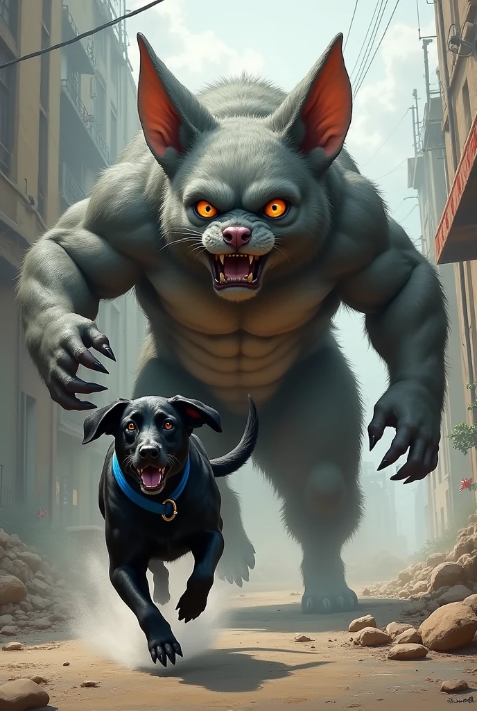 Muscular giant mutant grey chinchilla chasing a black labrador with a blue collar