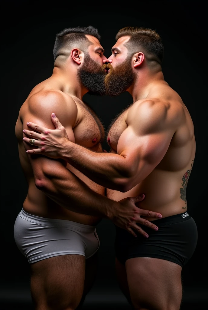 "8KUHD Very Realistic Very Detailed High Quality Create a professional studio-style photograph featuring two 4 men, hdr burly, hdr hairy, hdr beared big daddy bear, and hdr very realistic detailed rugged man and his husband in boxers. Hdr beards, very hdr realistic hair, very hdr realistic beards, hdr very realistic thick chubby fat neck, hdr very realistic neck details, hdr very realistic neck lines, hdr very realistic belly, hdr very realistic chest, hdr very realistic strong chest and arms, hdr very realistic hairy chest and arms, hdr very realistic pecs, hdr very realistic burly body, hdr very realistic nipples, hdr very realistic burly body, hdr very realistic face, hdr very realistic eyes, hdr very realistic nose, hdr very realistic ears, hdr very realistic facial features, hdr very realistic arms, hdr very realistic hands, hdr very realistic wrists, hdr very realistic fingers, hdr very realistic fingernails, hdr very realistic shoulders, hdr very realistic mouth, hdr very realistic skin textures, hdr very realistic textures, hdr very realistic extricate detailing, hdr very realistic lips, hdr very realistic detailed skin, hdr very realistic skin, hdr very realistic mens clothing, hdr very realistic detailed mens clothing. HDR A very realistic man and his husband are kissing each other, HDR very realistically kissing each other, in a HDR very realistic romantic and HDR virile scene. HDR Very Realistic Intricately Detailed, HDR Utilize all appropriate lighting techniques for studio photography. HDR The background should be black." No Deformities, HDR