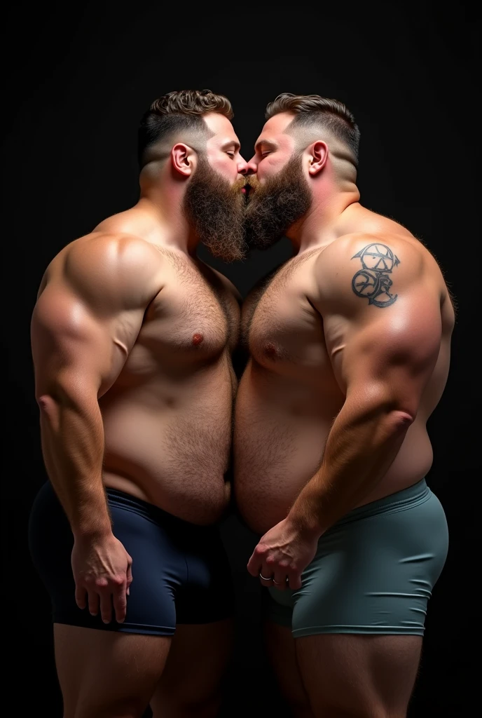 "8KUHD Very Realistic Very Detailed High Quality Create a professional studio-style photograph featuring two 4 men, hdr burly, hdr hairy, hdr beared big daddy bear, and hdr very realistic detailed rugged man and his husband in boxers. Hdr beards, very hdr realistic hair, very hdr realistic beards, hdr very realistic thick chubby fat neck, hdr very realistic neck details, hdr very realistic neck lines, hdr very realistic belly, hdr very realistic chest, hdr very realistic strong chest and arms, hdr very realistic hairy chest and arms, hdr very realistic pecs, hdr very realistic burly body, hdr very realistic nipples, hdr very realistic burly body, hdr very realistic face, hdr very realistic eyes, hdr very realistic nose, hdr very realistic ears, hdr very realistic facial features, hdr very realistic arms, hdr very realistic hands, hdr very realistic wrists, hdr very realistic fingers, hdr very realistic fingernails, hdr very realistic shoulders, hdr very realistic mouth, hdr very realistic skin textures, hdr very realistic textures, hdr very realistic extricate detailing, hdr very realistic lips, hdr very realistic detailed skin, hdr very realistic skin, hdr very realistic mens clothing, hdr very realistic detailed mens clothing. HDR A very realistic man and his husband are kissing each other, HDR very realistically kissing each other, in a HDR very realistic romantic and HDR virile scene. HDR Very Realistic Intricately Detailed, HDR Utilize all appropriate lighting techniques for studio photography. HDR The background should be black." No Deformities, HDR