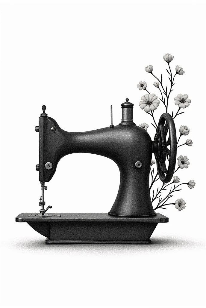 Black color sewing machine, DRAWING FORMAT, with small branches of flowers, no back ground