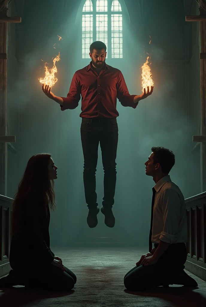 In a dark church a man wearing burgundy shirt and he is levitating in the air. His hands are open, and there are flames in his hands. Wooden planks are nailed to windows, and a faint light coming through windows creates a backlight effect. In front of the man, there is a kneeling another man and woman, both pleading. They are wearing white shirts, black ties and black cardigans, dark ambiance, movie scene, hyperrealistic, photography, detailed 