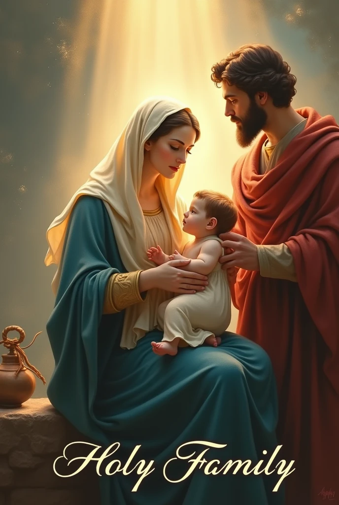 HOLY CATHOLIC FAMILY with title Holy Family in cursive letters below the image.