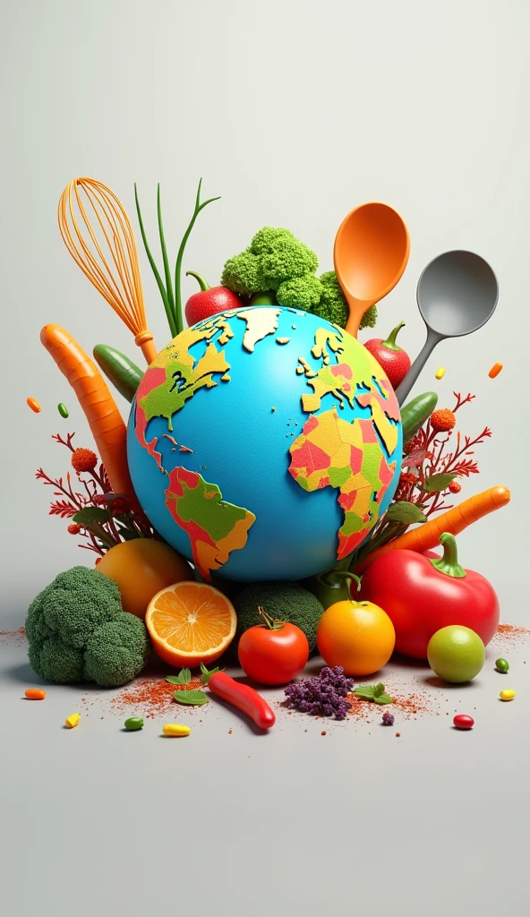 Un globe terrestre au centre, avec des ustensiles de cuisine comme une spatule, une louche, et un fouet disposés autour du globe. Le globe est entouré d'ingrédients colorés comme des épices, des légumes, et des fruits, symbolisant la diversité culinaire. En haut de l'image, le texte "World Cooking" est écrit en lettres élégantes et modernes.