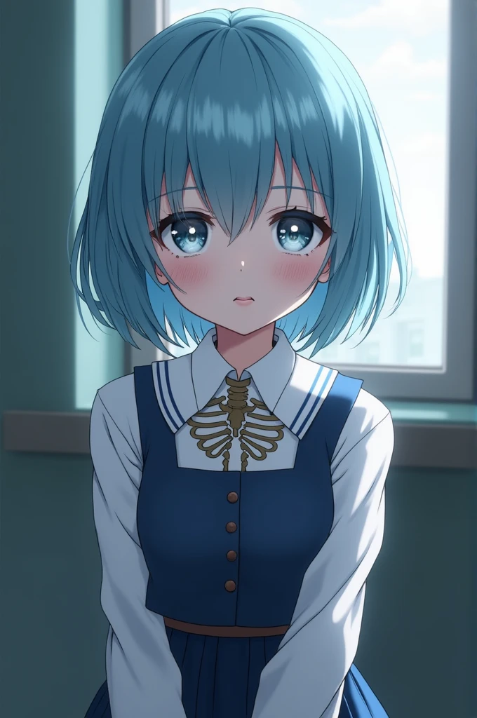 She is a girl wearing schoolgirl clothes, Her skirt is dark blue. Her white collar blouse with bones, Under her white blouse she wears a white shirt. Her eyes are an icy platinum color. Her body is small and her short hair is sky blue..