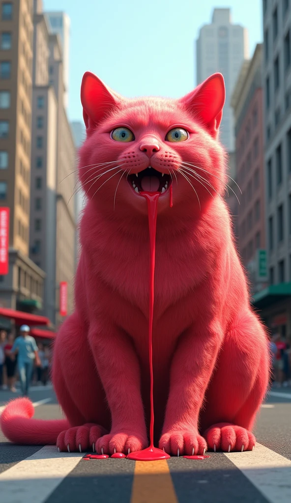 A large cat whose whole body is red like watermelon and she sit down in the middle of the street and start crying and his tears are red colourModern human attire 3d renderings 