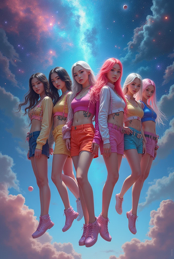 6 girls with different hair styles in space wearing kpop outfits
