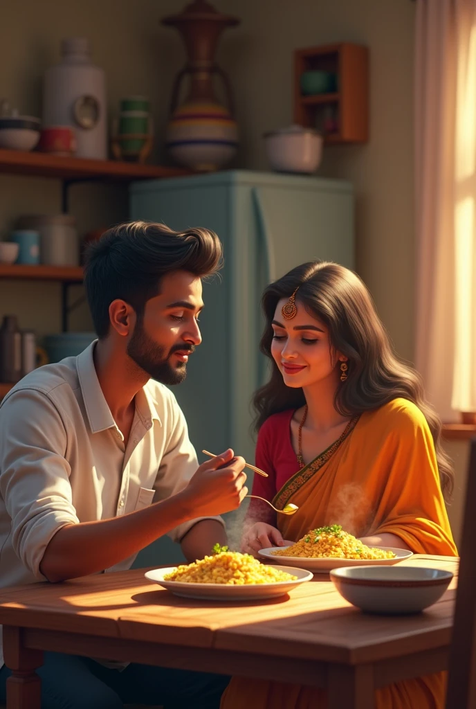 Create a image of a 25 years man sitting and eating khichdi and talking with his wife