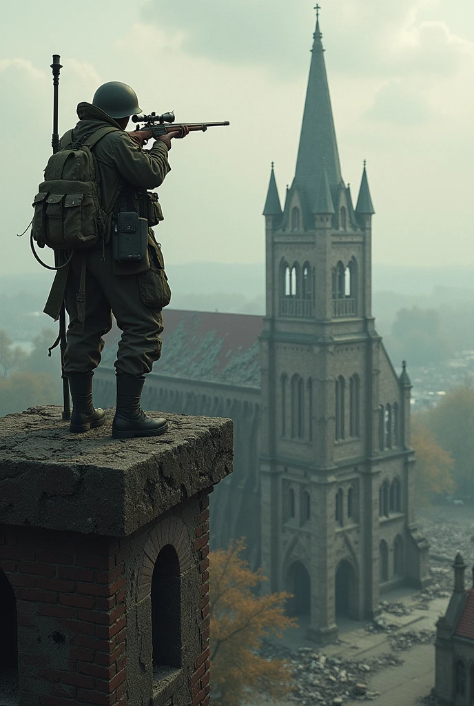 Create a destroyed cathedral with a sniper on a tower with a World War II atmosphere