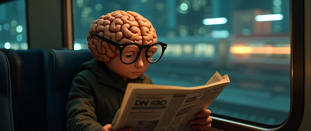 a brain with a pair of glasses is reading a newspaper on a train. the train is dimly lit. the train is driving through a city at night.