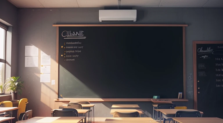 a blackboard that occupies the center of the image and is inside a classroom, The color palette tends towards yellow, The art style is cartoon-like and in the center of the board it says: The rhythm of the little square