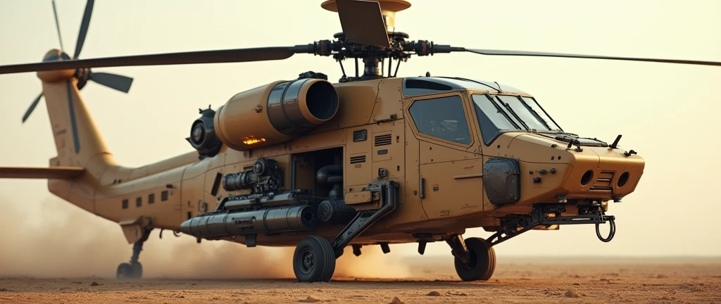 (photorealism:1.2), futuristic sci-fi military transport helicopter, advanced tech, heavy armored, heavy machine gun, light brown cammo painting,