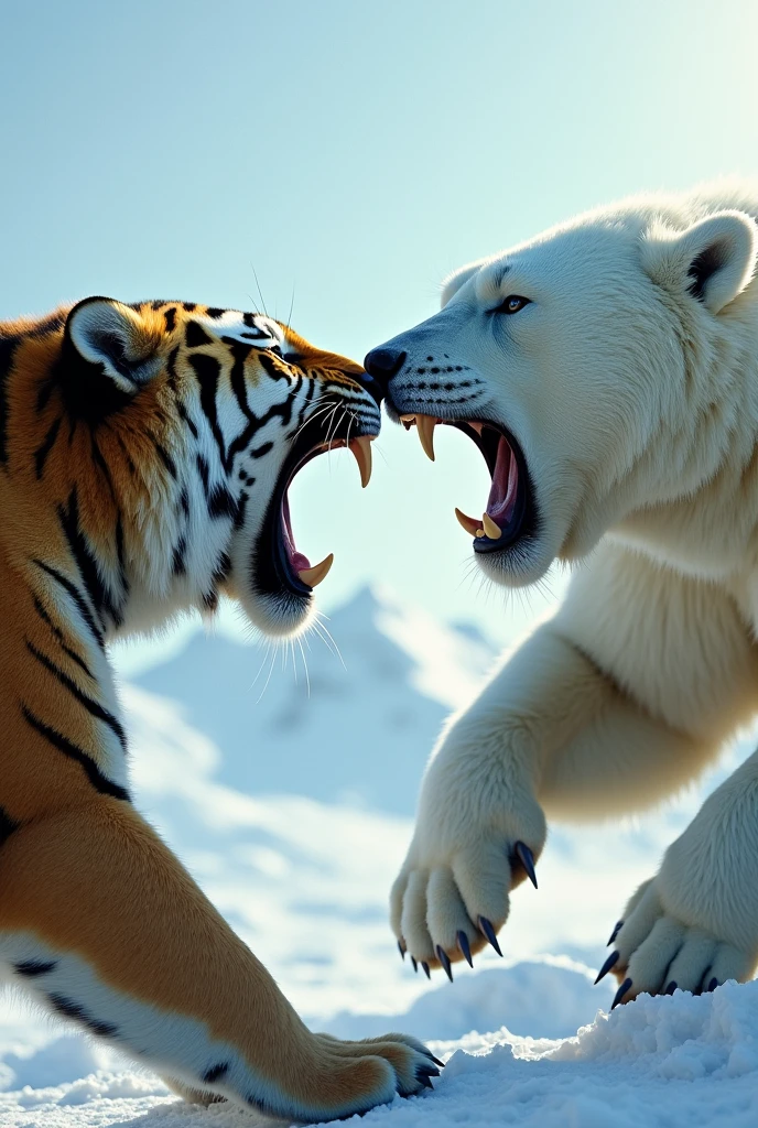 Tiger and polar bear roaring to each other angrily  in photo