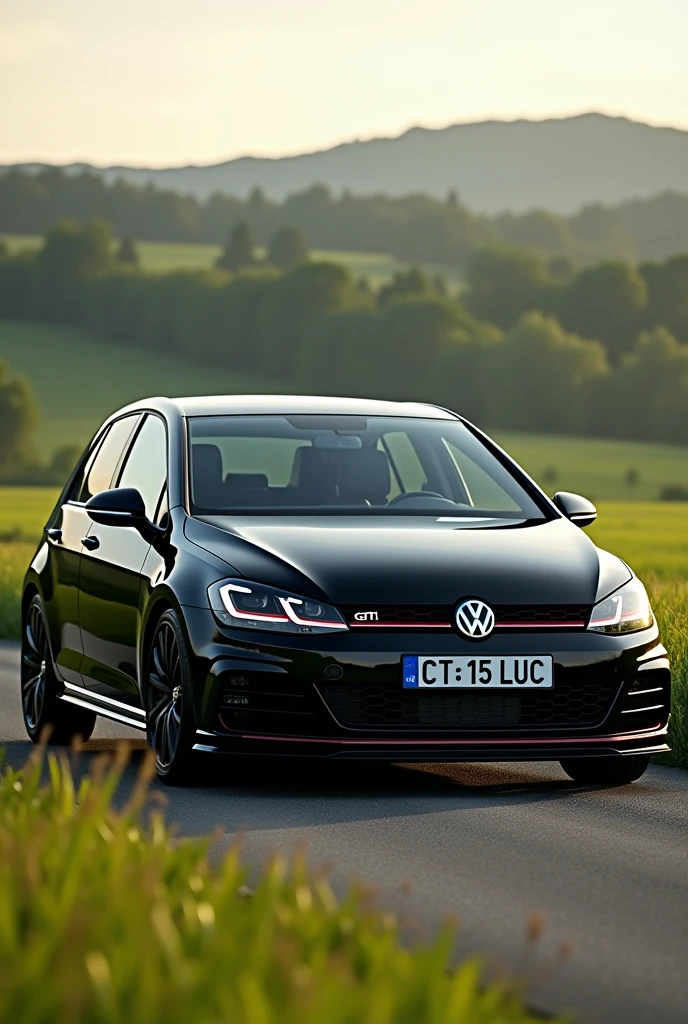 A golf 7.5 gt black on a field with the register numer ,,CT 15 LUC"