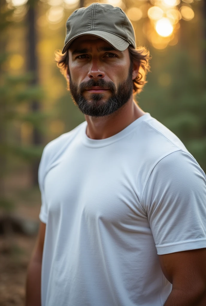A detailed upper-body view of a lumberjack in a smooth, flat white Gildan 5000 t-shirt. The shirt’s fabric is sharply focused, with the camera capturing the fine details of the texture. The background is a softly blurred forest scene with warm sunlight creating an inviting, aesthetic atmosphere. The lighting accentuates the contrast between the ruggedness of the lumberjack and the pristine quality of the t-shirt
