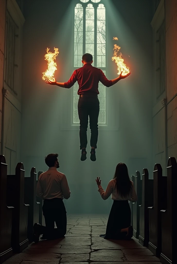 In a dark church a man wearing burgundy shirt and he is levitating in the air. His hands are open, and there are flames in his hands. Wooden planks are nailed to windows, and a faint light coming through windows creates a backlight effect. In front of the man, there is a kneeling another man and woman, both pleading. They are wearing white shirts, black ties and black cardigans, dark ambiance, movie scene, hyperrealistic, photography, detailed 