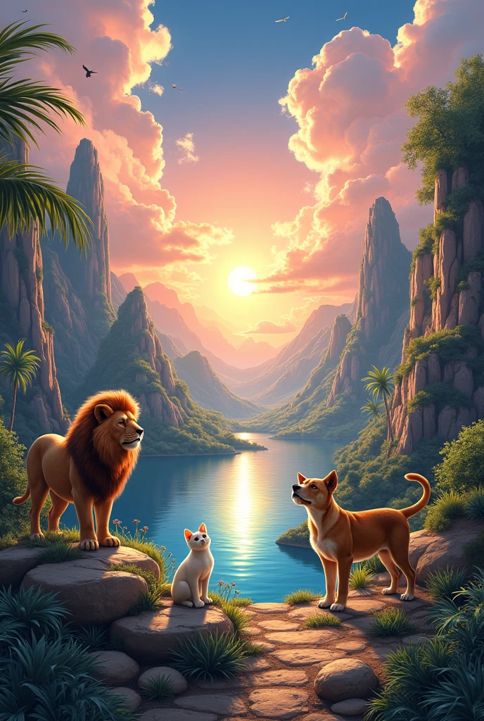 Illustration with lots of domestic and wild animals in a spectacular landscape beautiful HD radiant