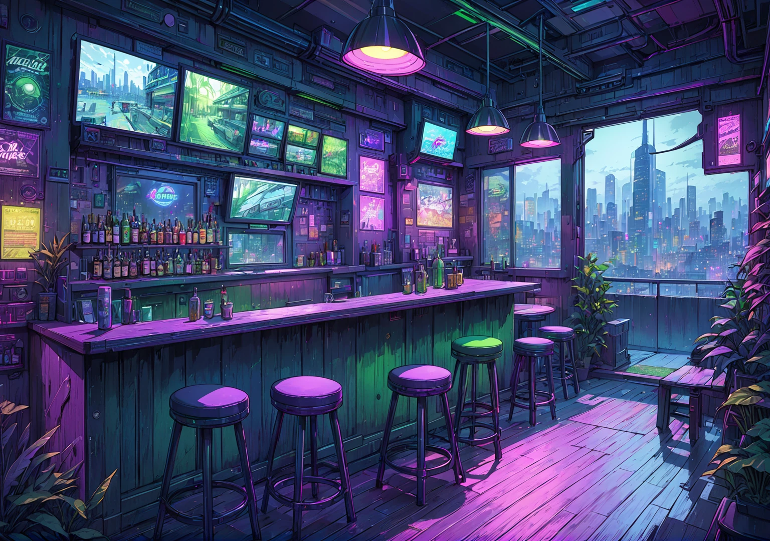illustration, detailed illustration, ultra detailed, dive bar, cyberpunk, purple and green, dark interior, sci fi, night, (shadowy:1.3), window, skyline in window, empty