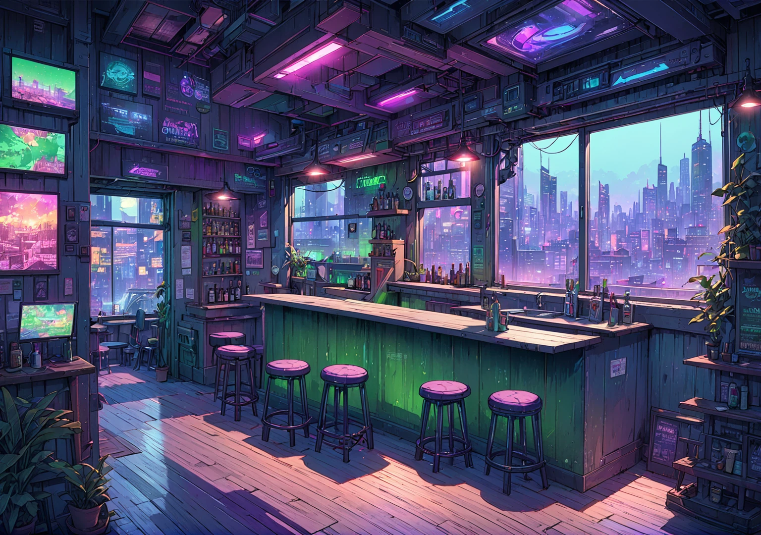 illustration, detailed illustration, ultra detailed, dive bar, cyberpunk, purple and green, dark interior, sci fi, night, (shadowy:1.3), window, skyline in window, empty