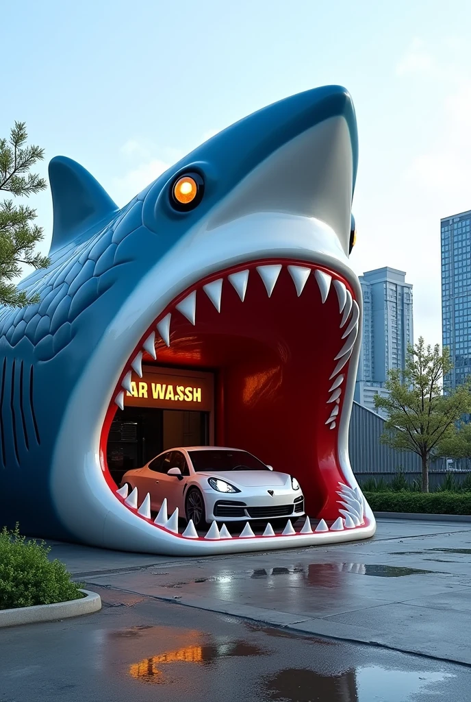 A car wash business with a shark with its mouth open as the store's facade