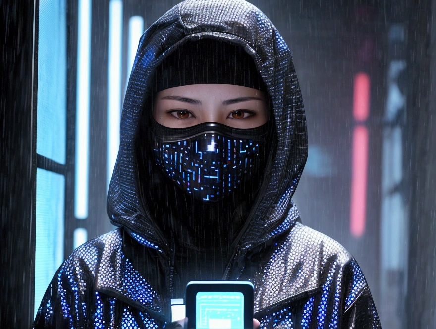 Female hacker in a dark, rain-soaked alleyway, her face partially covered with a digital mask displaying pixelated patterns, working on a portable device with holographic screens projecting around her.