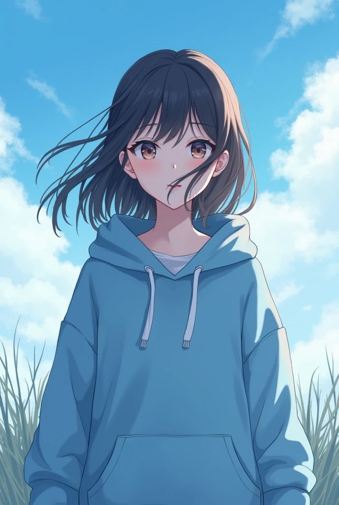 A girl wearing a blue hoodie with a beautiful sky