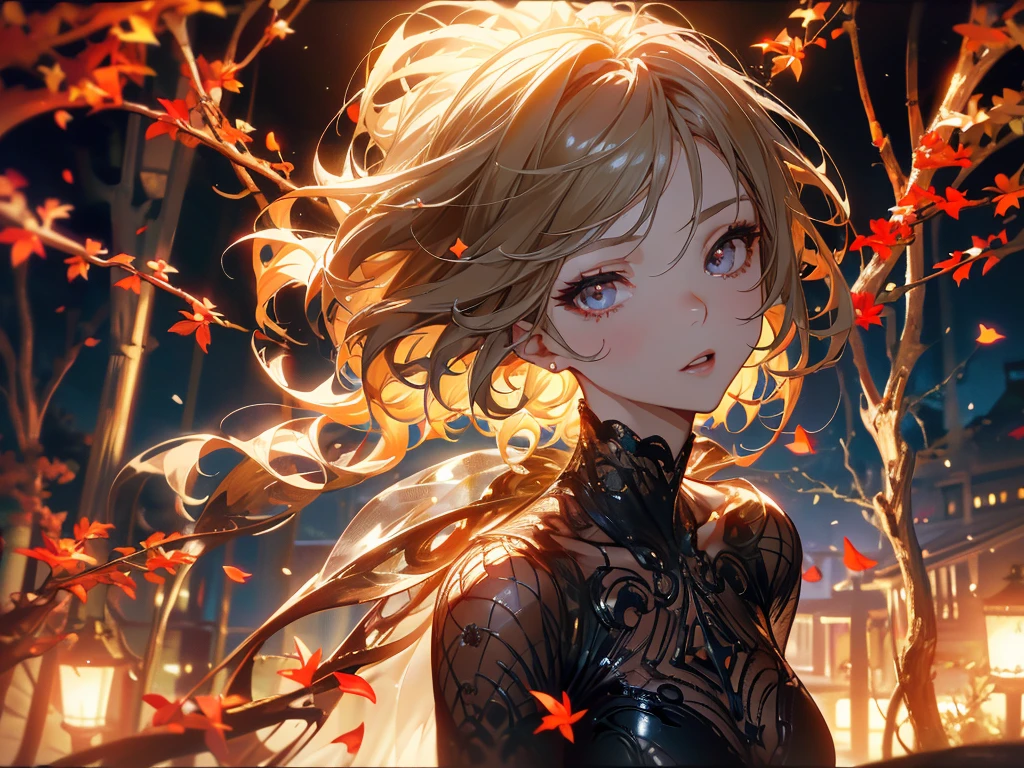 Christmas,A beautiful woman with slender,Standing in a garden with falling leaves and petals,Wearing a see-through bodysuit、Wearing fishnet stockings,Strike sexy poses,1 girl,Beautiful eye details,Beautiful lip details,extremely detailed face and body,Short hair curly,(Best quality,4K,8k,high resolution,masterpiece:1.2),Ultra-high definition,(lifelike,Photorealism,Photorealism:1.37),HDR,uhd,Studio Lighting,Super Fine,Sharp focus,Physically Based Rendering,Extremely detailed description,major,Vivid colors,Bokeh,portrait。