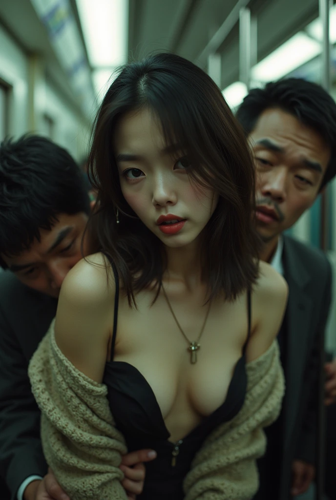 32K:1.9, Description of horror:1.9, top quality, masterpiece, ultra high resolution, Professional random angle camera work:1.5, Very detailed인 피부와 얼굴 텍스처:1.4), Always accurate, Very detailed, bag, (cute japanese woman, Camisole dress and cardigan:1.6, Incredibly slim body:1.3, Areola not visible:1.4, Big breasts on the verge of collapse), ((ten thousand won train:2.0, Crazy behavior:1.9, On the train、Two middle-aged men hugging a woman from behind:1.7)), belt, white skin, elegance, Cleanliness, thin eyebrows, (weeping:1.0, Embarrassed:1.0, An expression that shows deep contempt for you.:1.0, Big eyes that radiate beautiful eroticism:0.4, Open your mouth a little, lipstick, Experience beautiful eroticism:1.0, dark brown medium hair), earring, necklace, bracelet, Romantic, mystery, Admiring the object, Original, Dramatic, artistic, Innovative, attractiveness, Sincerely, splendor, Tilt, Loss of feeling, Special, ((Exciting, Extreme, Openness, pain, pain의 표현)), ((Mistakes of Youth, 여성적 attractiveness))
information