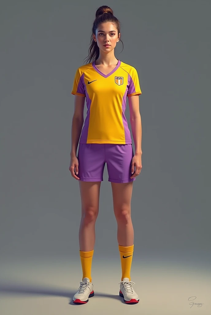 
Hello, design me a uniform for a women's soccer team, pastel purple shorts,
V-neck T-shirt , half burnt yellow and half pastel purple color and half burnt yellow color, woman full body looking forward. Without white color

