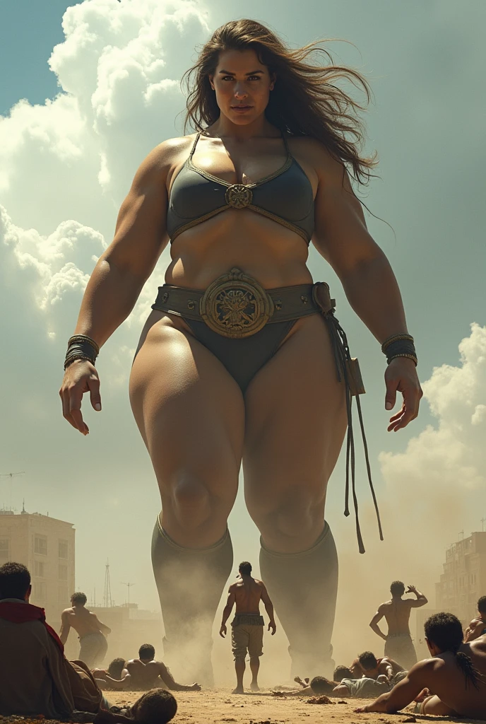 The woman who was as tall as a giant beat everyone and knocked them unconscious and when she saw her husband who was putting her down, she beat him and he grew really tall and everyone knelt down.
