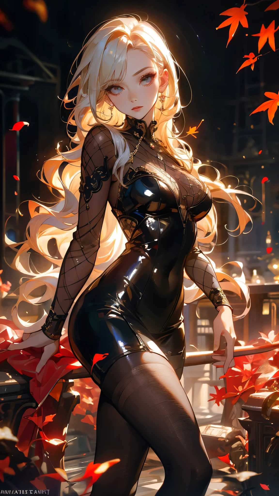 A beautiful woman with slender,Standing in a garden with falling leaves and petals,Wearing a see-through bodysuit、Wearing fishnet stockings,Strike sexy poses,1 girl,Beautiful eye details,Beautiful lip details,extremely detailed face and body,Long hair curly,(Best quality,4K,8k,high resolution,masterpiece:1.2),Ultra-high definition,(lifelike,Photorealism,Photorealism:1.37),HDR,uhd,Studio Lighting,Super Fine,Sharp focus,Physically Based Rendering,Extremely detailed description,major,Vivid colors,Bokeh,portrait。