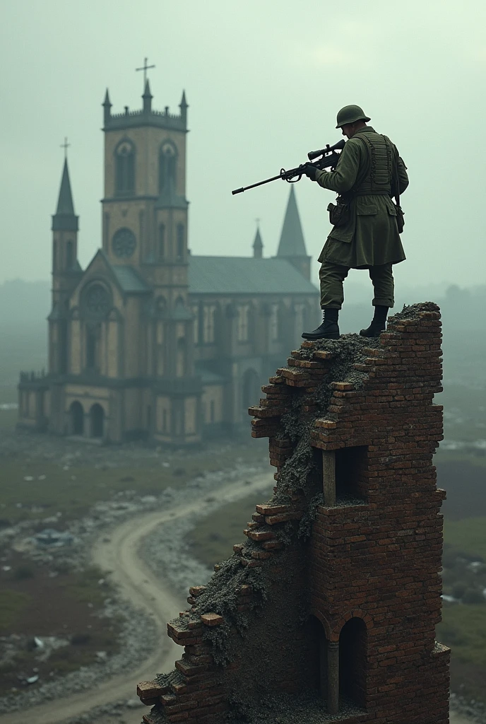 Create a destroyed cathedral with a sniper on a tower with a World War II atmosphere