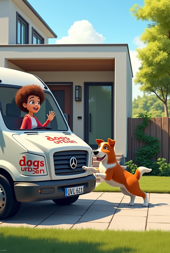 A branded vehicle with the Dogs Urban logo stops in front of a modern house. A happy dog climbs into the vehicle, while the driver smiles and waves at the dog's owner.