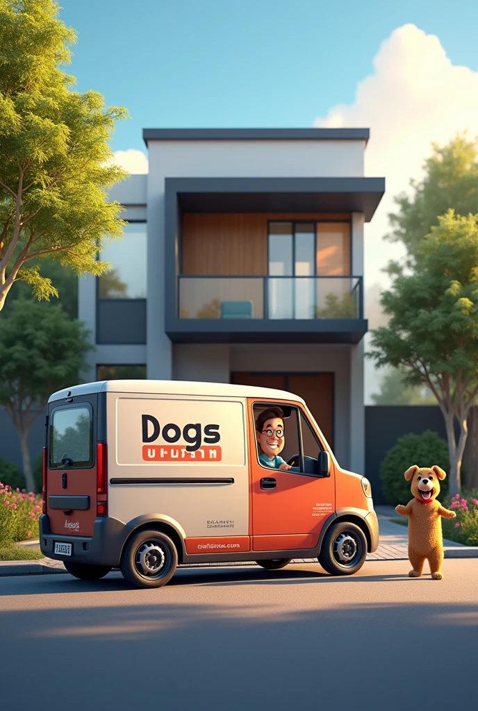 A branded vehicle with the Dogs Urban logo stops in front of a modern house. A happy dog climbs into the vehicle, while the driver smiles and waves at the dog's owner.