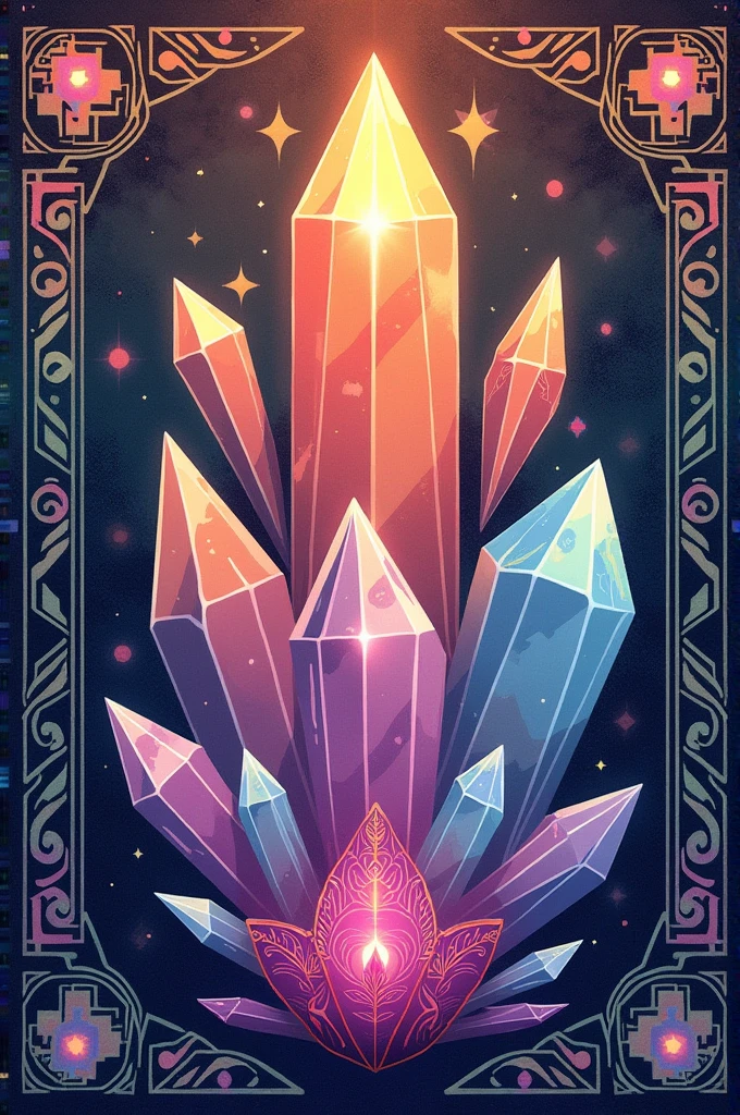 Horizontal design of crystal shapes and Peruvian art for a Pokémon card playmat