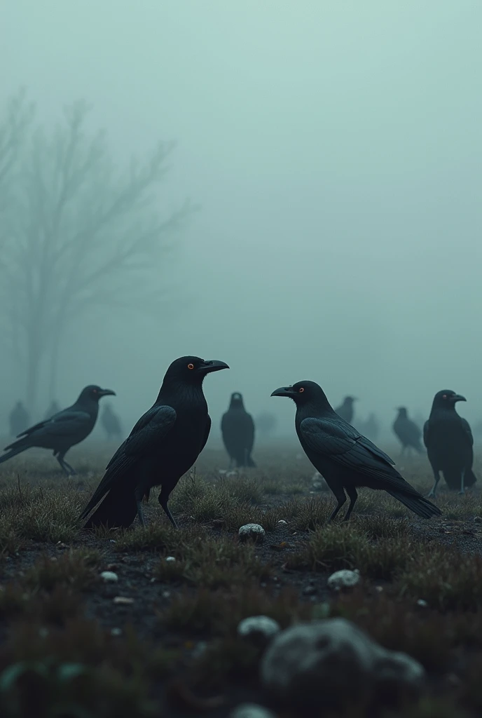 Dark field with crows in the fog