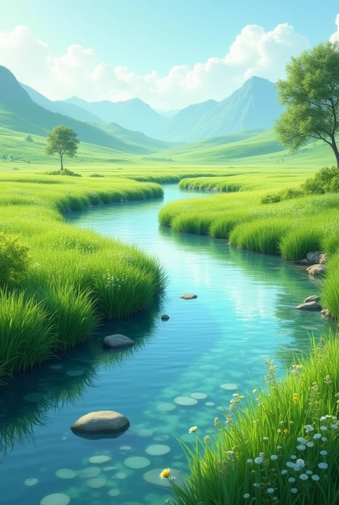 Crystal clear rivers with a landscape of green grass