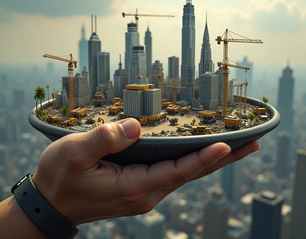 a gigantic hand holding a teetering bar tray, miniature skyscrapers, excavators and cranes on the tray, surreal, comical, hyperrealistic, cinematic lighting, highly detailed, photorealistic, 8k, award winning digital art