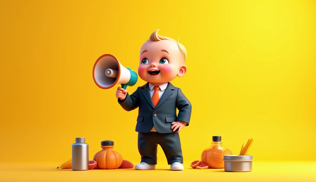 a wallpaper with a baby in a suit with a megaphone talking: "The Little Discloser", yellow gradient background holding hot products in cartoon