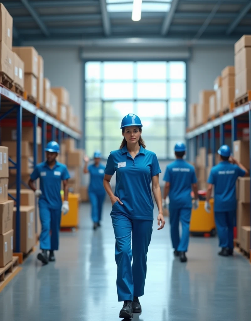 A professional and realistic image that reflects a clear fulfillment schedule that promotes work-life balance. The scene depicts a clean and organized warehouse where employees are performing their tasks. Employees are seen confidently finishing the work day and heading home, emphasizing the company's respect for employees' personal time. The atmosphere is relaxed and productive, with an emphasis on scheduling and supporting work-life balance man should have blue uniforms