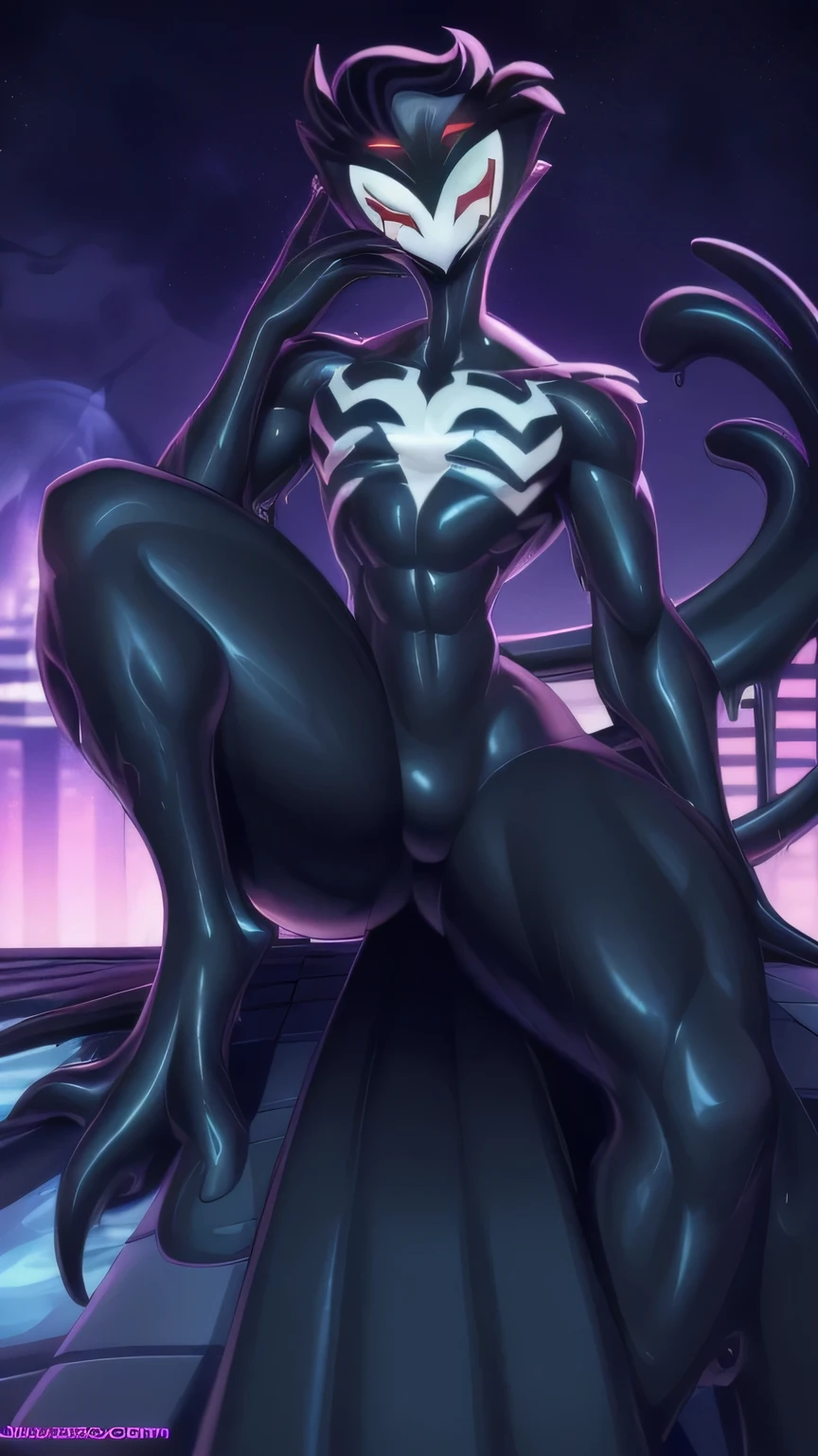 Tanraak (style), ((masterpiece)), ((8k quality)), (no watermark), stolas, male, sleek, shiny black slime body, goo, gooey, long tail feathers, avian, avian tail, solo, detailed rooftop, looking at viewer, shiny, slimy, perfect body, thighs, red eyes, black body, symbiote, big muscular legs, big muscular arms, butt, sitting on edge of rooftop, teasing crotch, front view, smirk