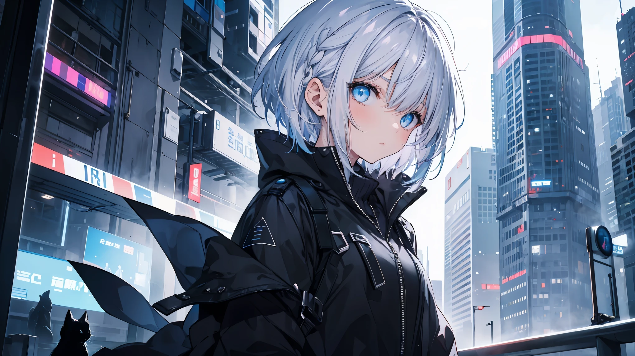 Girl with silver hair shortcut.The girl is living in a futuristic city..The girl has cold blue eyes.There is a black cat by her side..I definitely want to draw a black cat..