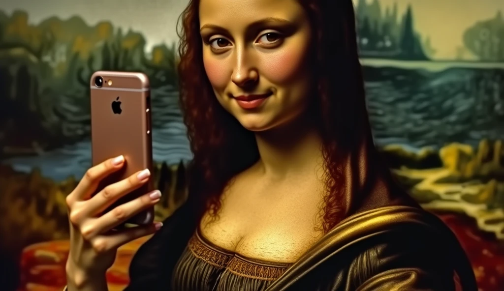 mulher jovem tirando uma selfie com seu iphone-15, 500 anos atrás, essa mulher é um pouco parecida com a Monalisa, High resolution,sharp focus,(ultra detailed,extremely detailed),(photorealistic artwork:1.37),(extremely detailed CG unity 8k wallpaper),(((vibrant colors,vibrant theme))),(Intricate),(masterpiece),(Best Quality), cleavage, big breasts