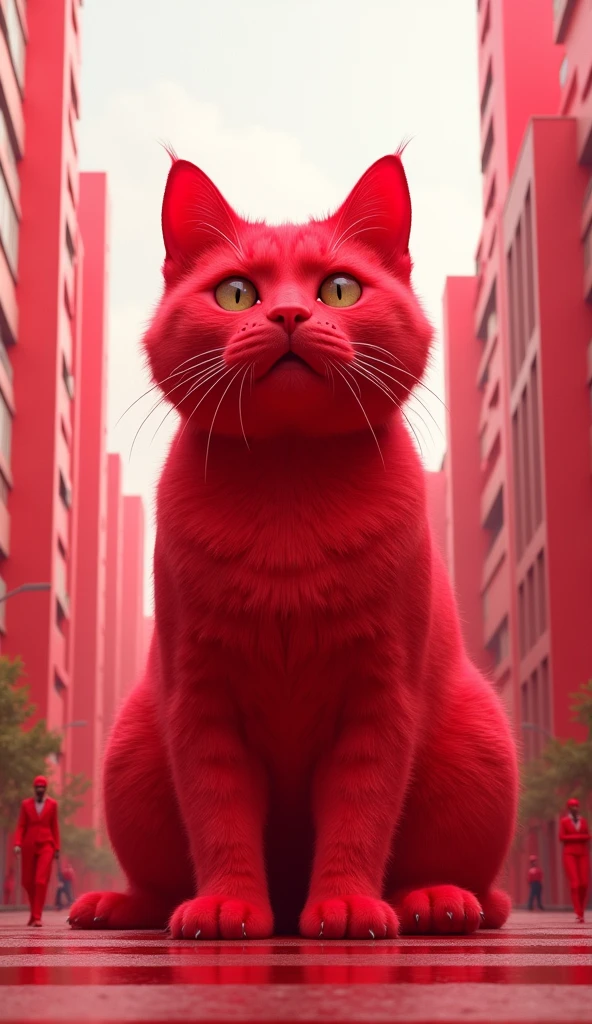 A large cat whose whole body is red like watermelon and she sit down in the middle of the street and start crying and his tears are red colour and the whole paced is filled with red colour building people each and eveythingModern human attire 3d renderings 