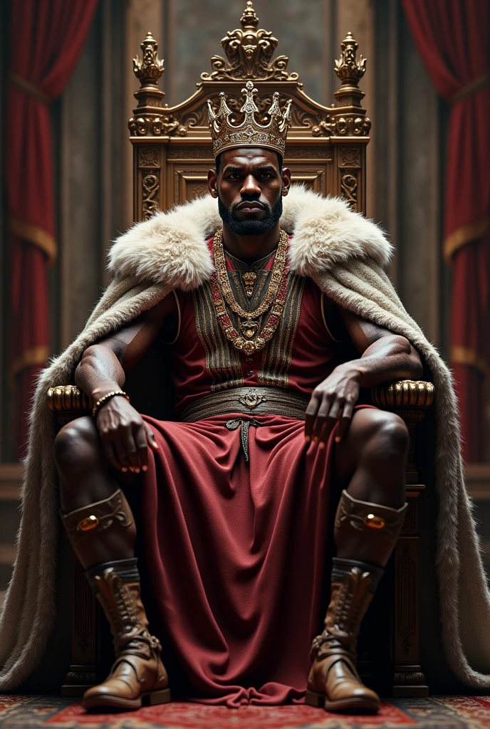I need a picture of LeBron James sitting on a throne in Game of Thrones. And with a king royal crown. And the clothes are like those of the old kings