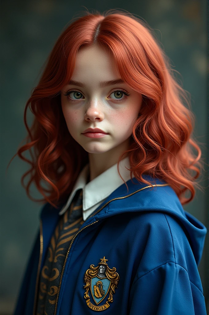 Hermione Granger inspired girl with medium length dark magenta red hair; with eyes that vary between green, gray and light brown; fair skin and blue Hogwarts wizarding robes of Ravenclaw house. realisitic.
