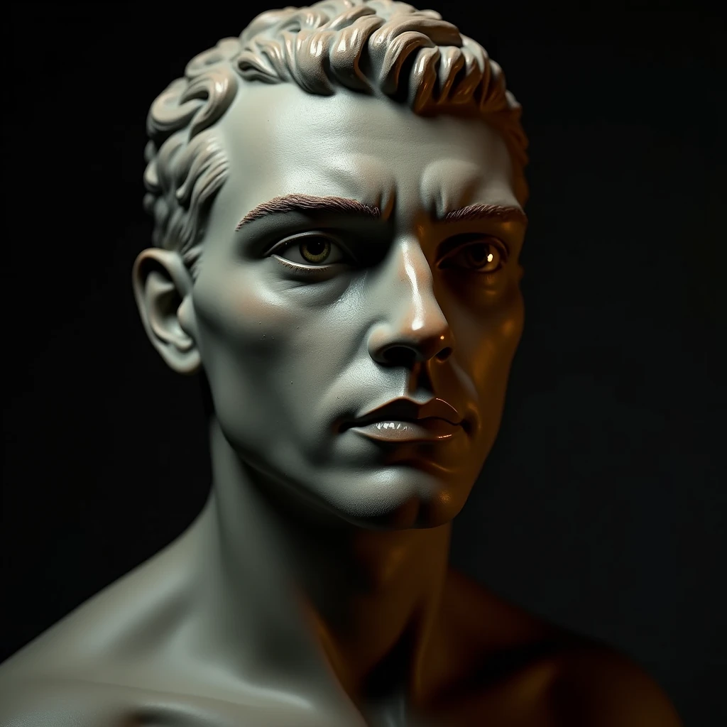 A close-up shot of a ceramic bust of a human, capturing the intricate details of the face, including deep-set eyes, a strong jawline, and realistic hair texture. The bust is finished with a matte, bronze-like glaze that gives it an ancient, timeless feel. The background is a dark, moody setting with soft, directional lighting that emphasizes the sculptural details and expressions.